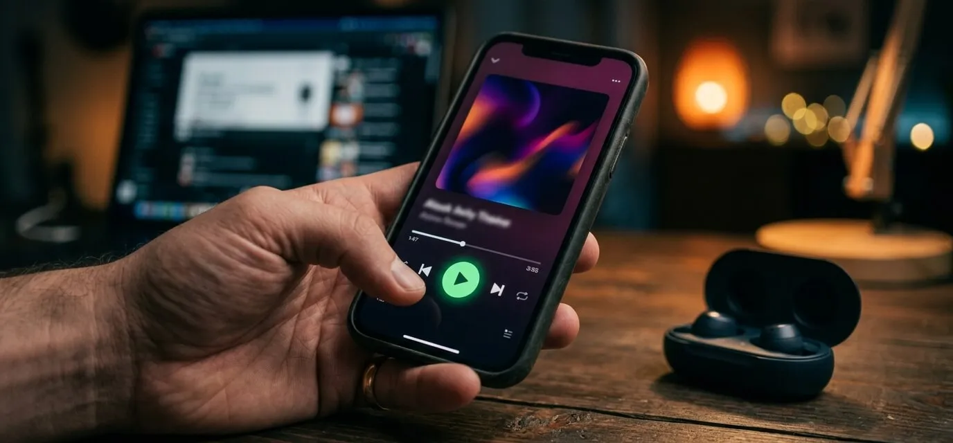 Hand holding a phone with a music streaming app open, earbuds on the table nearby