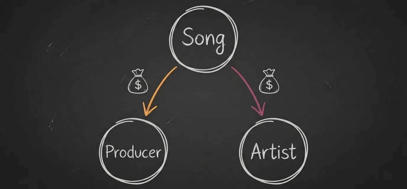 Chalkboard diagram showing a song's revenue splitting between producer and artist