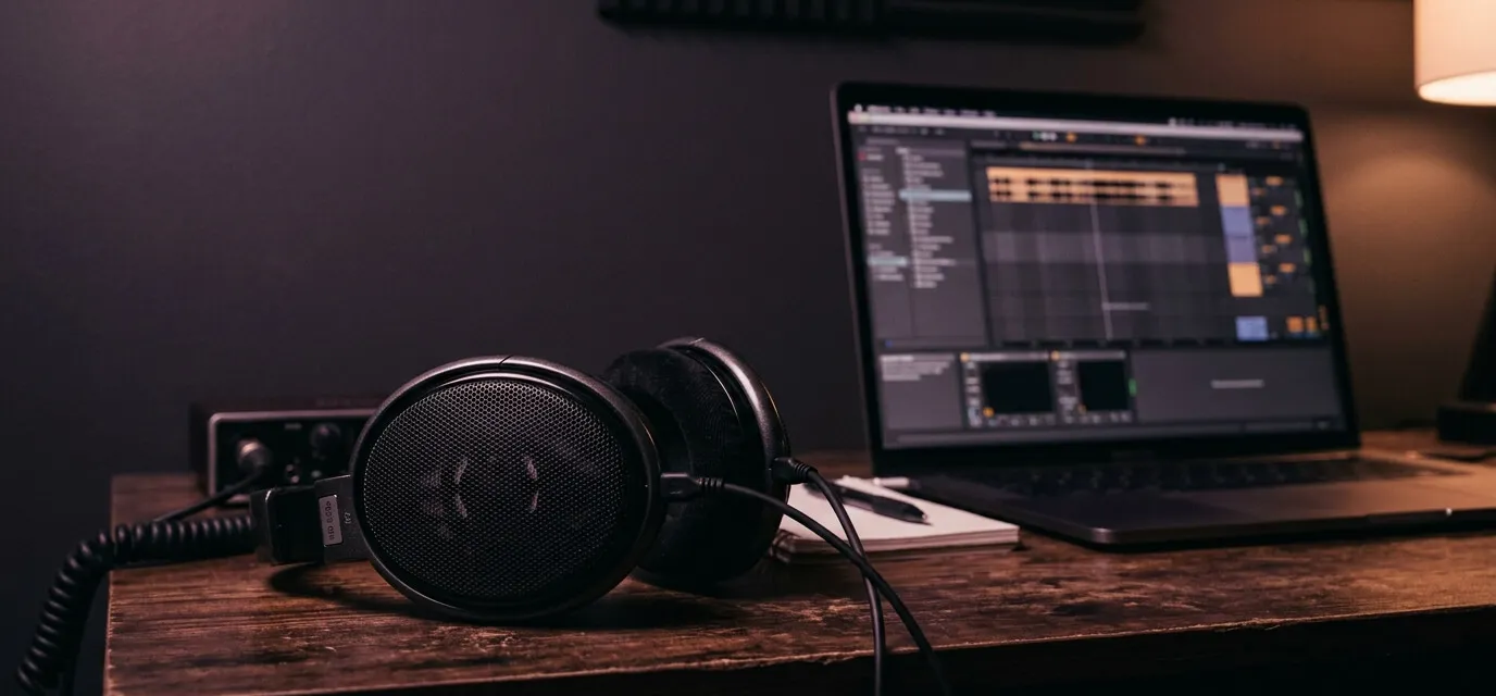 Studio headphones and a laptop running a DAW, ready to compare tagged and untagged beat files